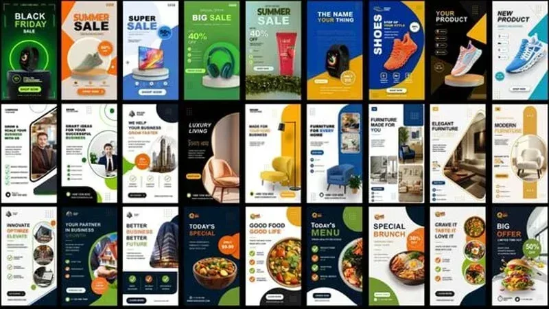 After Effects Project Modern Social Media Stories, Grid of colorful social media story templates with sales, products, and…