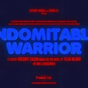 After Effects Project Cinematic Teasers Pack, Blue glowing text Indomitable Warrior on dark background with red credits