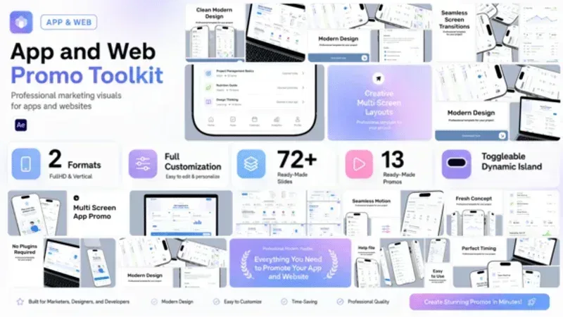After Effects Project App and Web, App and web promo toolkit with multiple device screens and customizable marketing visuals