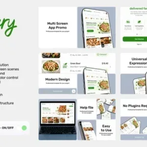 After Effects Project Delivery App Promo, Delivery app promo video scenes on multiple smartphone and laptop screens with…