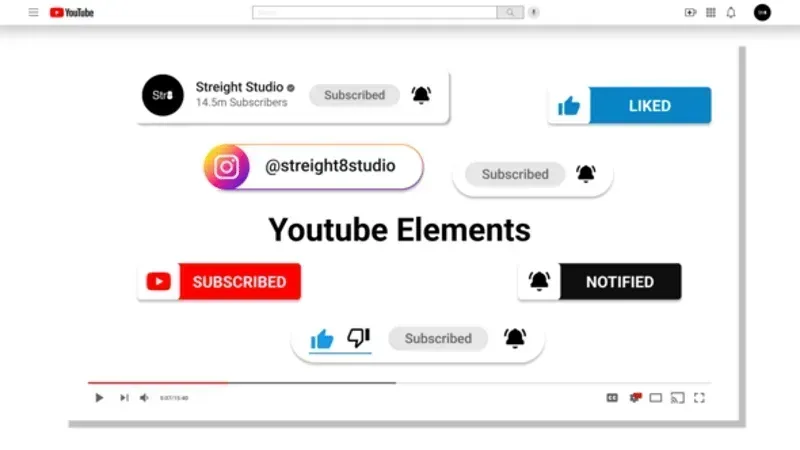 After Effects Project YouTube Engagement Elements, YouTube interface elements including subscribe buttons, notification…
