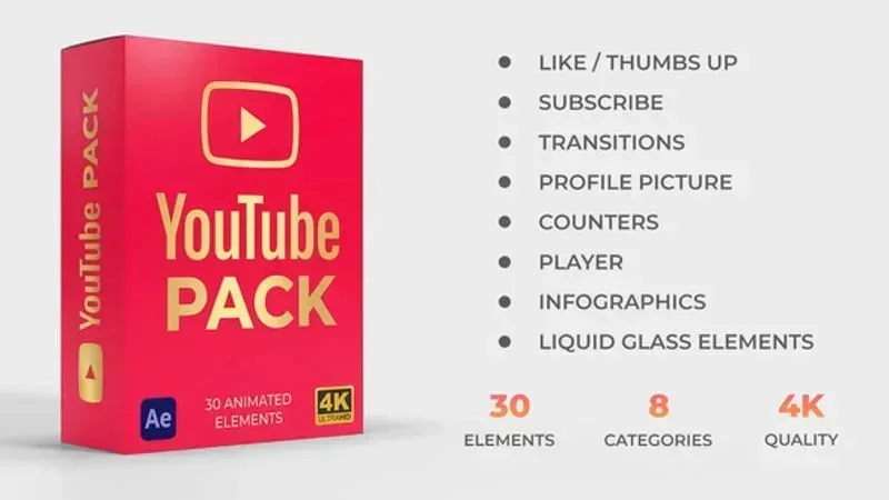 After Effects Project YouTube Channel Graphics, Red YouTube Pack box with 30 animated elements and 4K quality for channel…