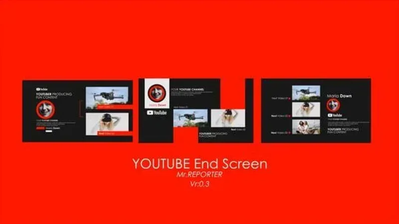 After Effects Project YouTube Channel End, YouTube channel end screen template with video placeholders on red background