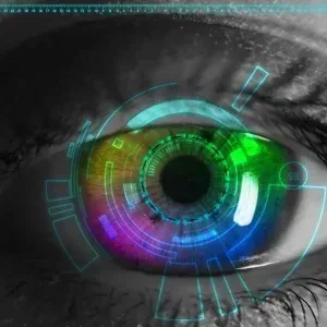 Futuristic HUD Eye Interface Data Over Stock Footage Futuristic HUD Eye Interface Data Over Stock Footage