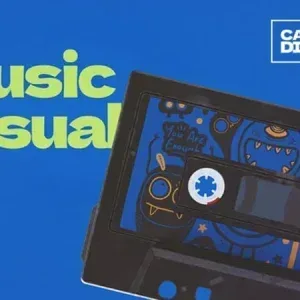 After Effects Project Retro Music Visualizer, Retro cassette tape with colorful doodles on blue background and text Music…