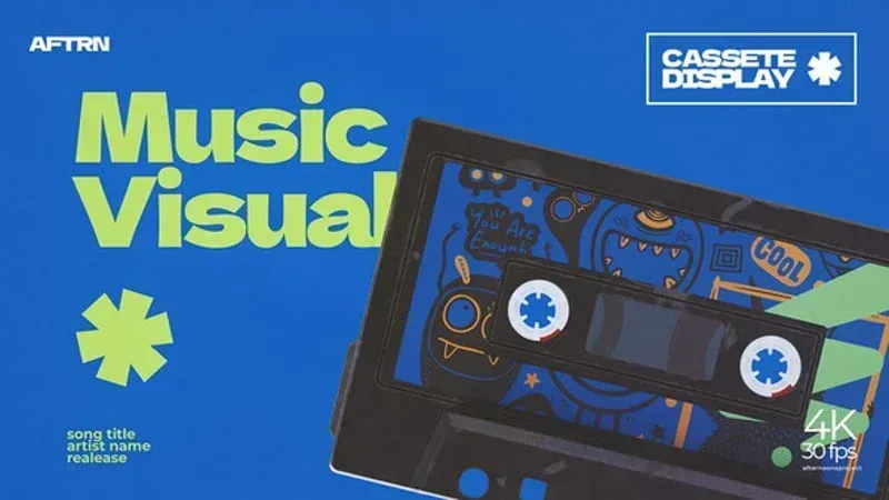 After Effects Project Retro Music Visualizer, Retro cassette tape with colorful doodles on blue background and text Music…