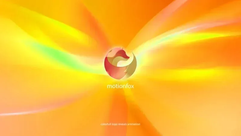 مشروع أفتر إفكت عرض شعار الشركة، ألوان متدفقة مشرقة تحيط بشعار دائري مع نص motionfox