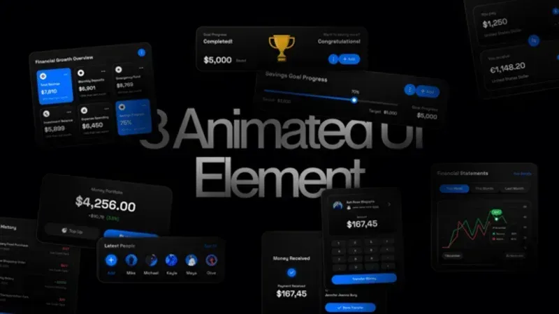 مشروع أفتر إفكت حزمة عناصر واجهة، عناصر واجهة مستخدم متحركة ذات خلفية داكنة تعرض بيانات مالية وتقدم
