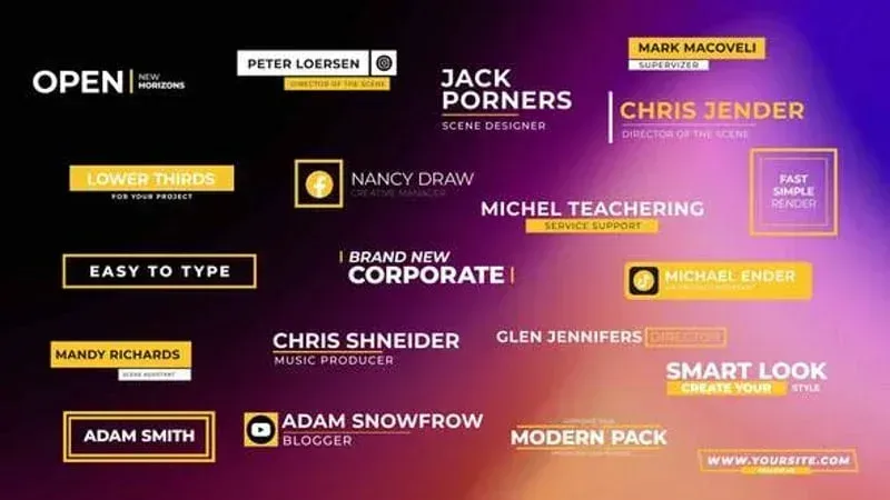 After Effects Project Minimal Clean Social Lower, Minimal clean social lower thirds with yellow and white text on purple…