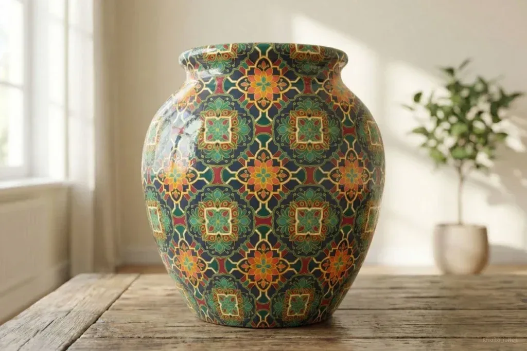 Ceramic vase with Moroccan floral seamless pattern in green, gold, and orange on a wooden table
