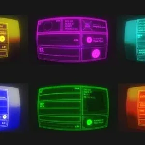قالب فيجوالايزر موسيقى CRT رجعي مع شاشات ملونة لأفتر إفكت قالب فيجوالايزر موسيقى CRT رجعي، ستة شاشات CRT رجعية ملونة تعرض واجهات فيجوالايزر موسيقى