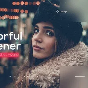 قالب مقدمة فسيفسائية ملونة لأفتر إفكت مع صورة حضرية قالب مقدمة فسيفسائية ملونة لأفتر، امرأة شابة ترتدي قبعة صوفية سوداء ومعطف فرو بيج مع خلفية أضواء مدينة ضبابية