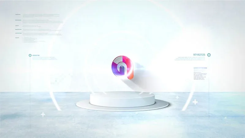 پروژه افتر افکت لوگوی سه‌بعدی، لوگوی سه‌بعدی رنگارنگ روی سکوی دایره‌ای سفید در استودیو مجازی روشن