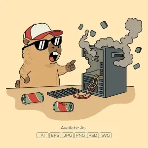 Graphic Asset Capybara Computer Repair Vector Graphic Graphic Asset Capybara, Capybara character with sunglasses and cap pointing at a smoking broken computer tower