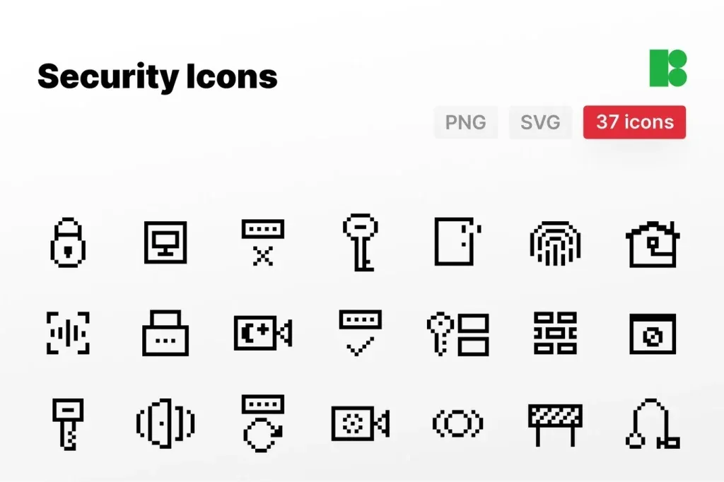 Graphic Asset Pixel, Pixel style security icons including lock, key, fingerprint, and camera in black and white