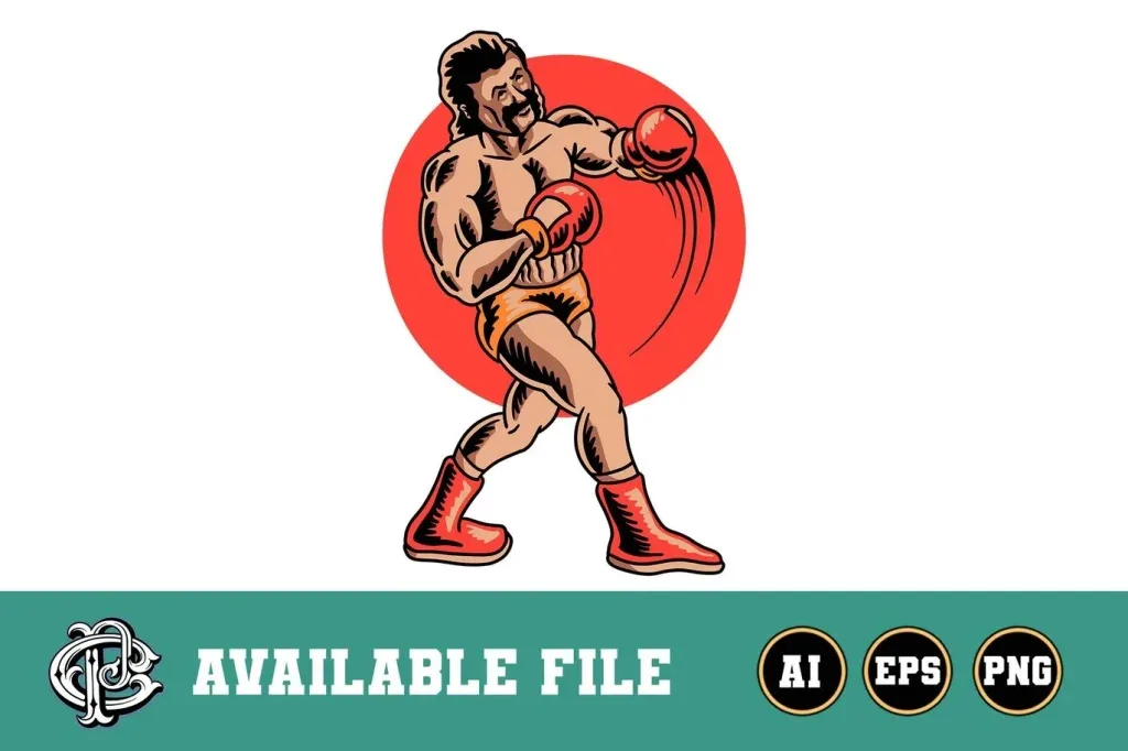 Graphic Asset Boxing, Vector illustration of a muscular boxing man with red gloves and boots