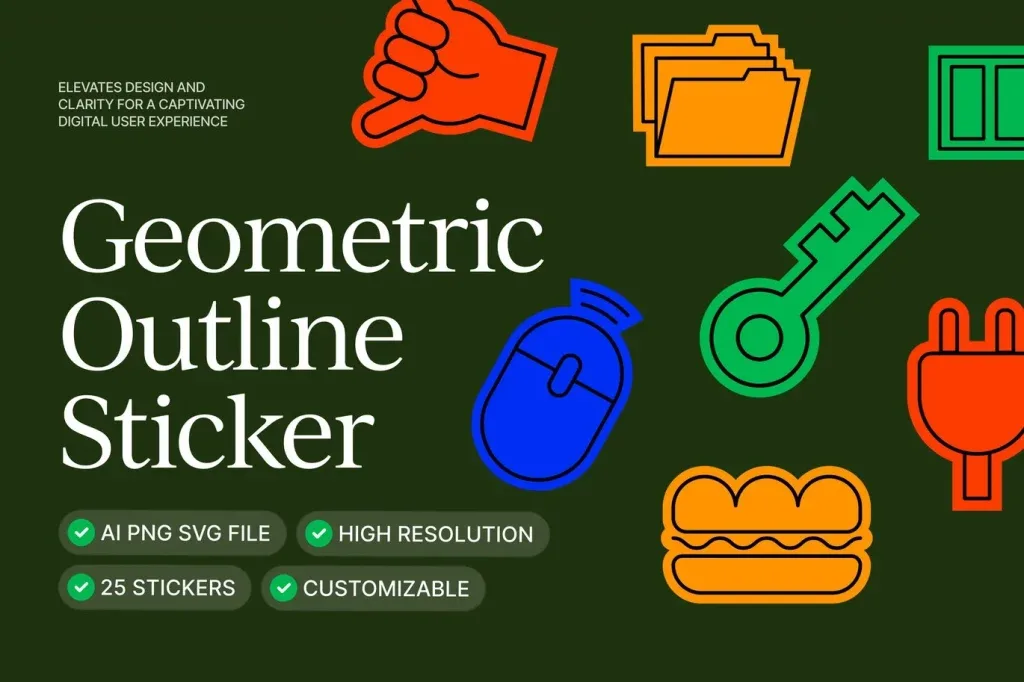 Graphic Asset Geometric, Colorful geometric outline stickers including hand, folder, mouse, key, plug, and sandwich icons