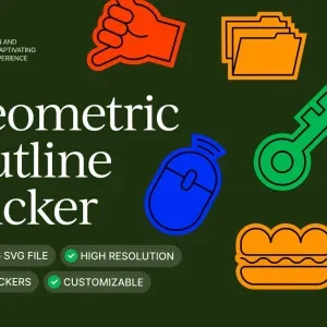 Geometric Outline Sticker Set with 25 Colorful Vector Icons Graphic Asset Geometric, Colorful geometric outline stickers including hand, folder, mouse, key, plug, and sandwich icons