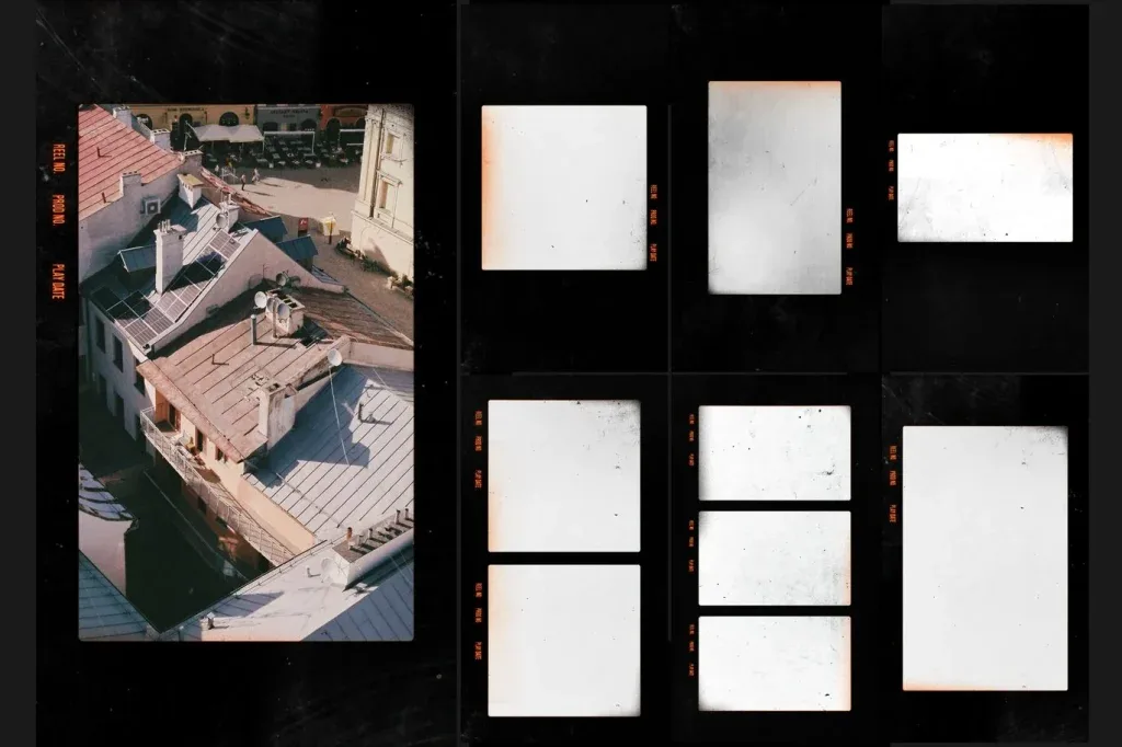 Graphic Asset Vertical, Vertical retro film frame overlays with vintage texture and light scratches
