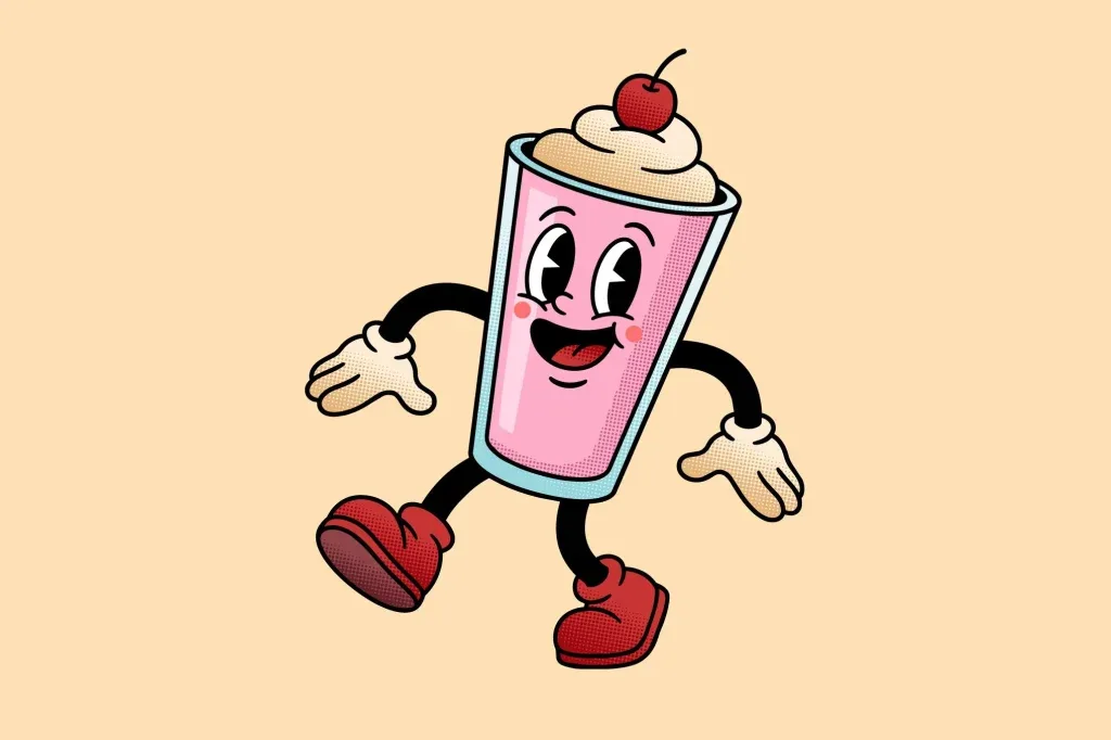 Graphic Asset Retro, Retro cartoon character of a pink strawberry milkshake with arms, legs, and a cherry on top