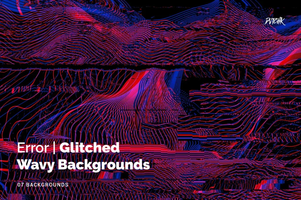 Graphic Asset Glitched, Abstract wavy glitch background with red and blue lines on black