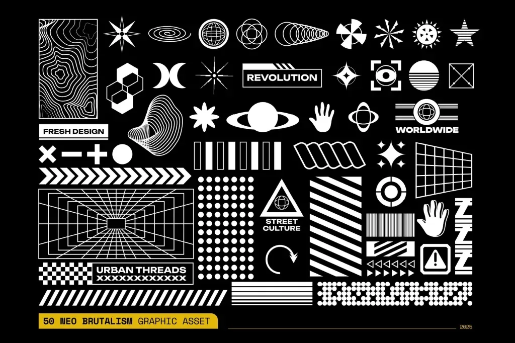 Graphic Asset Neo, Black and white neo brutalism graphic asset collection with geometric shapes and text elements