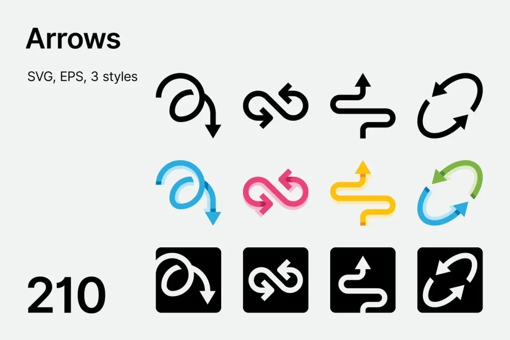 Graphic Asset Vector, Set of vector arrow icons in black, colored, and white styles on black squares
