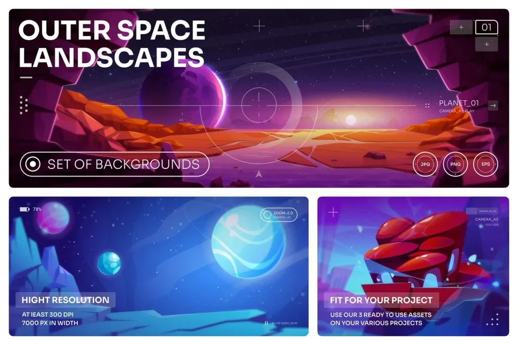 Graphic Asset Space, Vector illustration of outer space landscapes with planets and rocky terrain