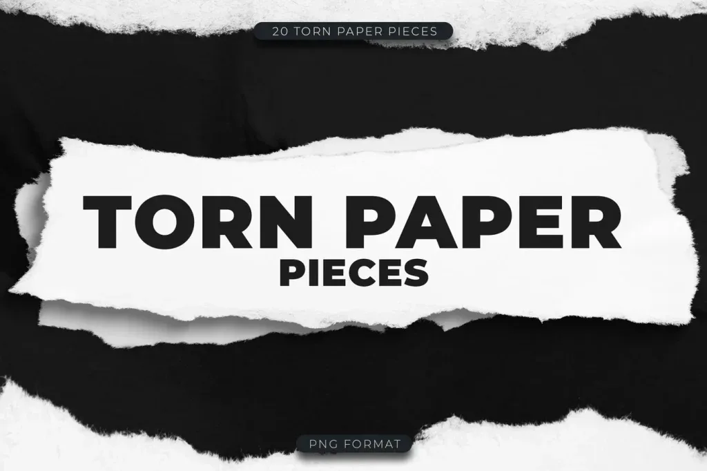 Graphic Asset 20, Torn white paper pieces on black background