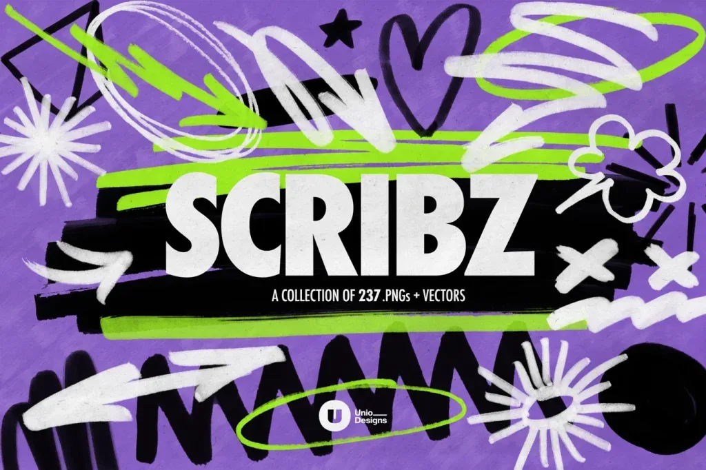 Graphic Asset Marker, Colorful marker style graphic elements on purple background with Scribz text