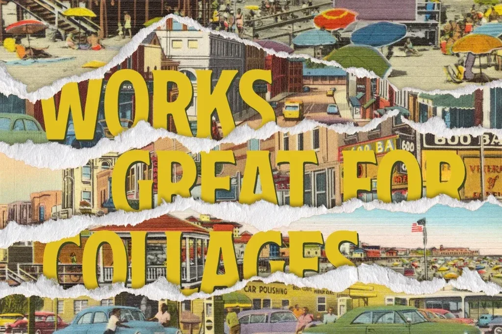Graphic Asset Torn, Yellow text torn paper collage with vintage city and beach scenes
