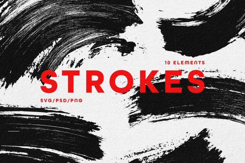 Graphic Asset Brush, Black brush stroke graphic elements on white background with red text