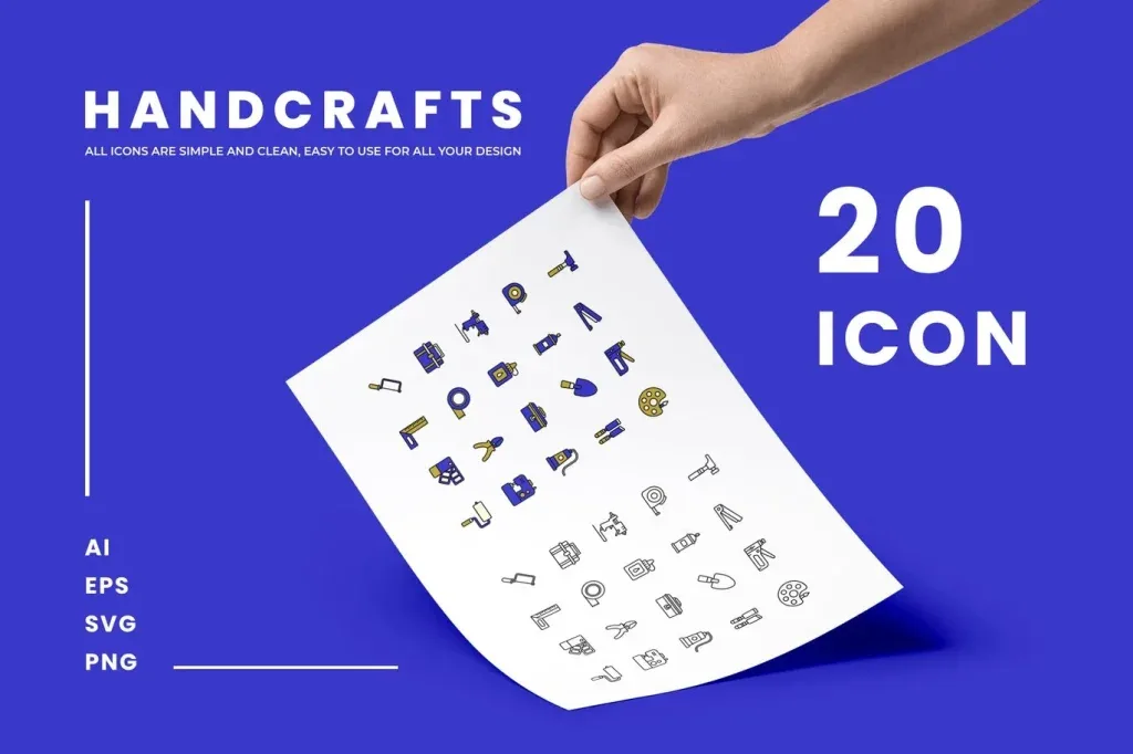 Graphic Asset Handcraft, Hand holding a sheet with 20 colored and outline handcraft icons on blue background