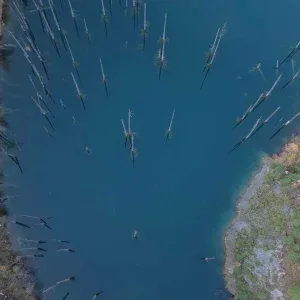 Aerial Turquoise Lake with Submerged Stock Footage Aerial Turquoise Lake with Submerged Stock Footage