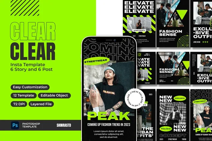 Gift Voucher Photorealistic, Instagram story and post templates with streetwear fashion theme on smartphone and green…