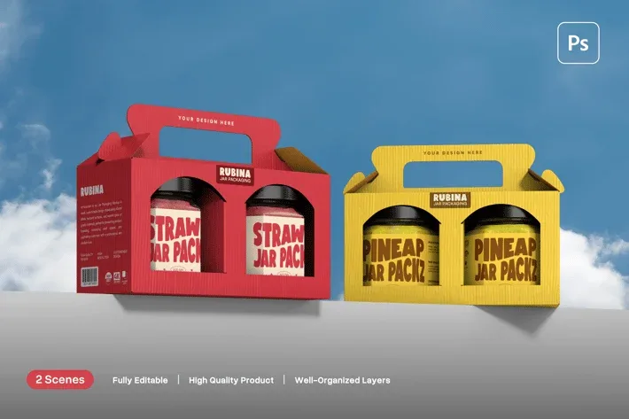 Storefront Mockup, Two cardboard carriers holding glass jars with red and yellow packaging against a blue sky