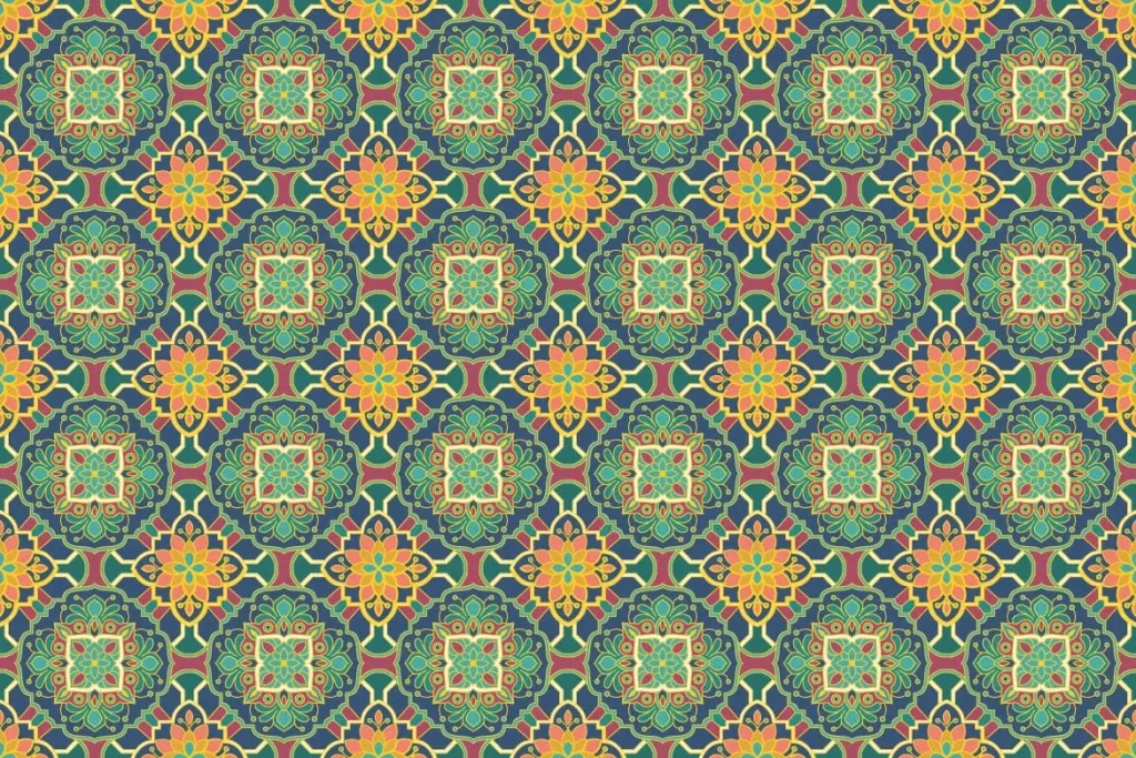 Moroccan Floral Seamless Pattern, Seamless Moroccan floral pattern with geometric medallions in turquoise, gold and…