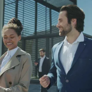 Three Diverse Business Professionals Walking Outside Modern Office Stock Footage Three Diverse Business Professionals Walking Outside Modern Office Stock Footage