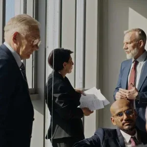 Professional Business Team Reviewing Documents in Sunlit Office Stock Footage Professional Business Team Reviewing Documents in Sunlit Office Stock Footage