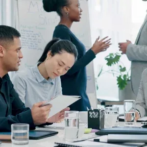 Five Diverse Professionals Collaborating in Modern Bright Office Stock Footage Five Diverse Professionals Collaborating in Modern Bright Office Stock Footage
