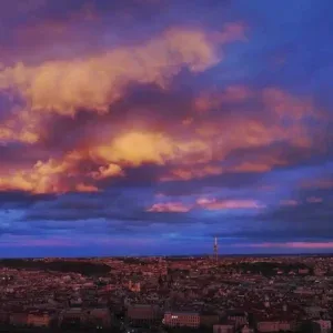 Prague Cityscape at Sunset Aerial 4K Stock Footage Prague Cityscape at Sunset Aerial 4K Stock Footage