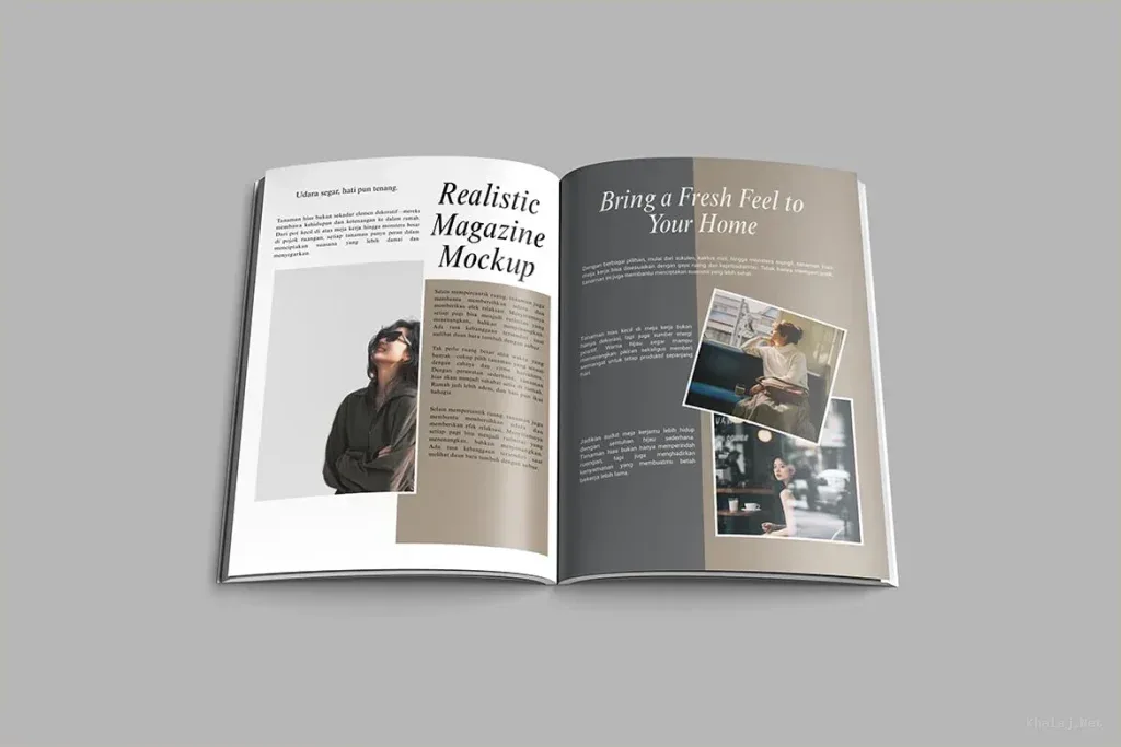magazine in four different scenes customizable background color Photoshop Mockup