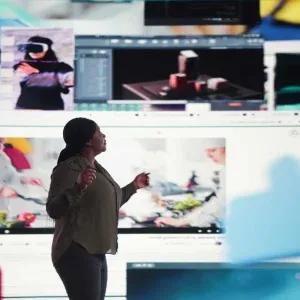 Woman in Futuristic Virtual Interface Stock Footage Woman in Futuristic Virtual Interface Stock Footage