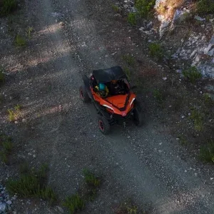Aerial Orange Buggy on Sunny Forest Path Stock Footage Aerial Orange Buggy on Sunny Forest Path Stock Footage