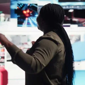 Woman Interacting with Futuristic Virtual Stock Footage Woman Interacting with Futuristic Virtual Stock Footage