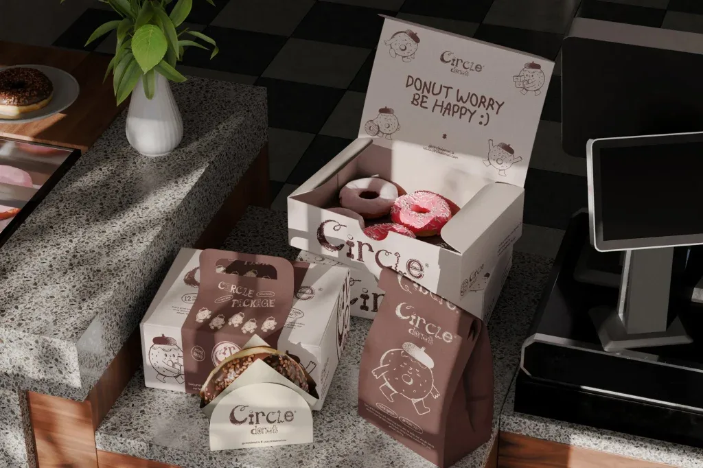 bakery takeaway packaging on counter Photoshop Mockup