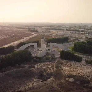 Aerial Monumental Gateway at Sunset Stock Footage Aerial Monumental Gateway at Sunset Stock Footage