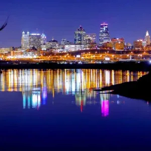Kansas City Night Skyline with Water Stock Footage Kansas City Night Skyline with Water Stock Footage