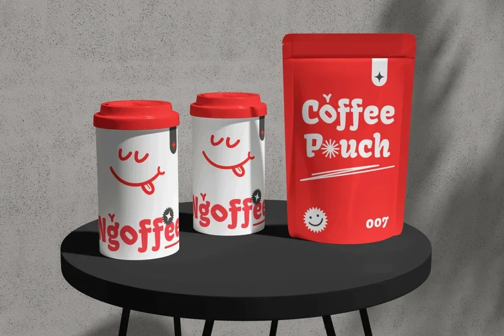 coffee cup and pouch packaging Photoshop Mockup